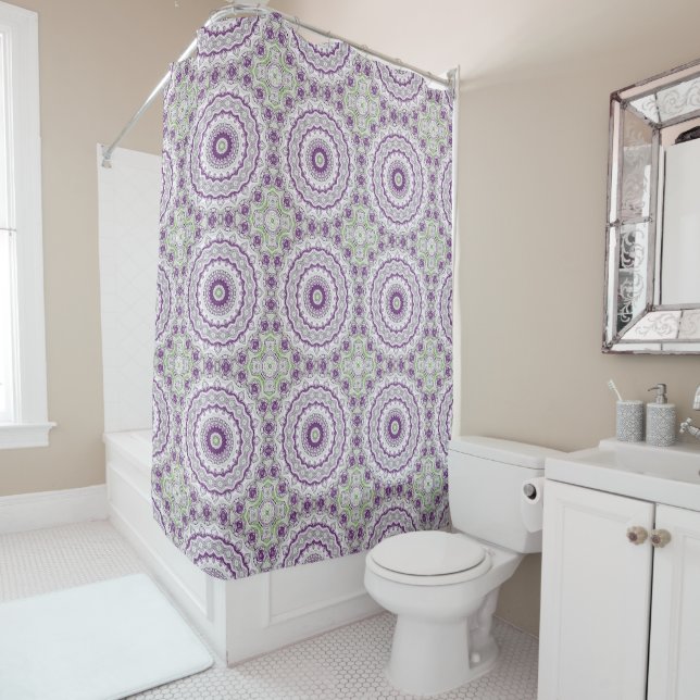 Cortina Para Box Desenho de Padrão de Mandala Roxo e Verde (In Situ)