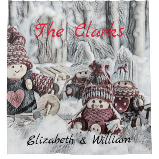 Cortina Para Box Desenho Vintage de Gnomos na Neve