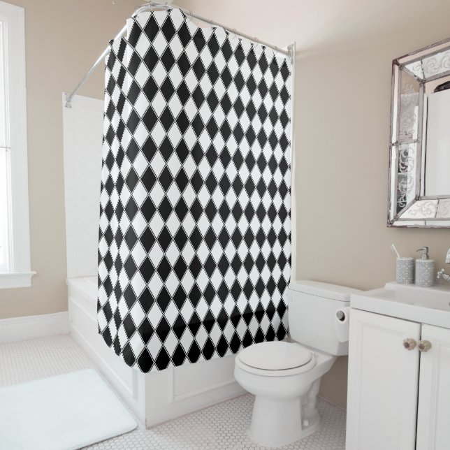 Cortina Para Box Diamante Preto e Branco com Padrão Argyle (In Situ)