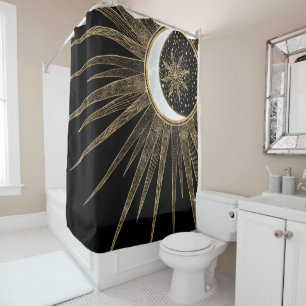 Cortina Para Box Dótulos Dourados Elegantes Sol Lua Mandala Black