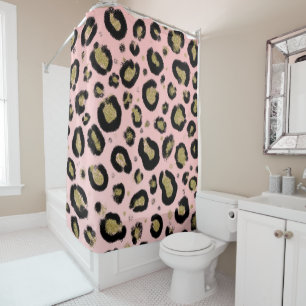 Cortina Para Box Dourada cor-de-rosa e Impressão de Leopardo Negro