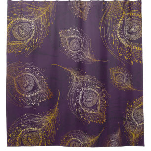 Cortina Para Box Dourada pena de pavão, fundo violeta.