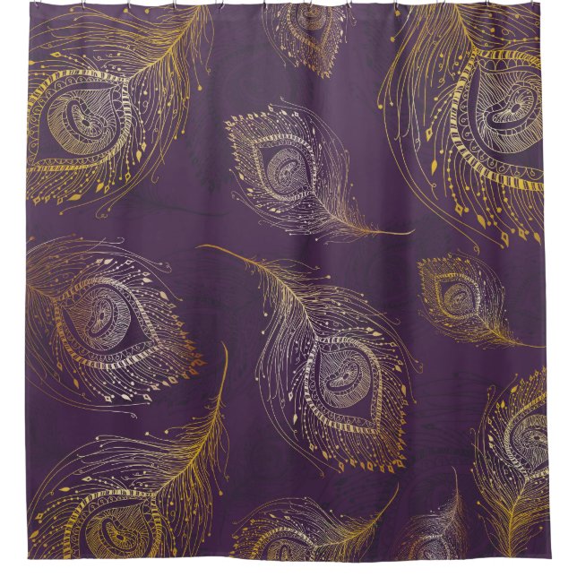 Cortina Para Box Dourada pena de pavão, fundo violeta. (Frente)