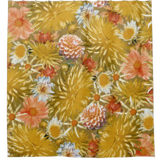 Cortina Para Box Douradas flores dahlia, design floral vintage.