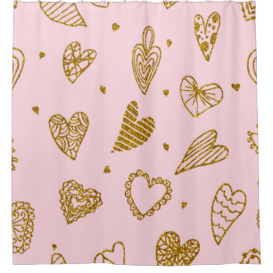 Cortina Para Box Dourado brilho dos corações: padrão de fundo rosa