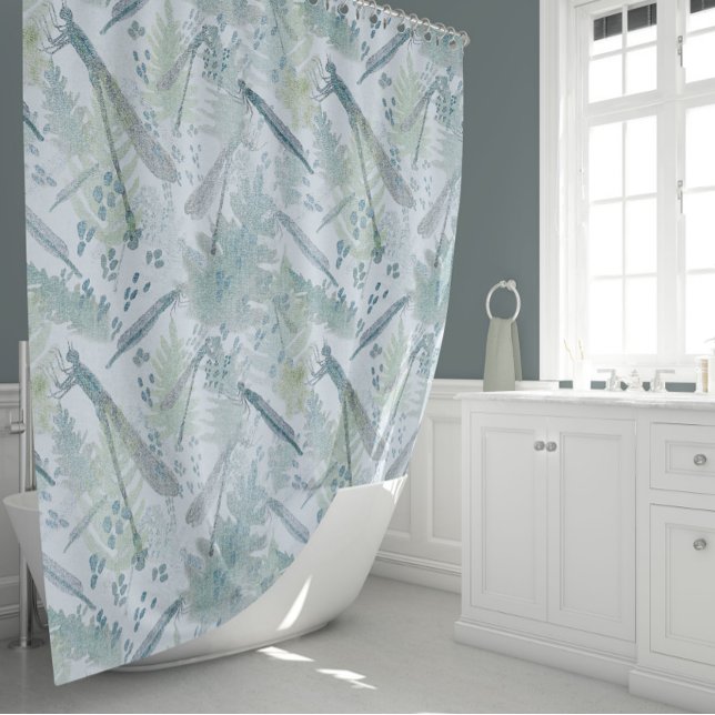 Cortina Para Box Dragonflies Blues (Dragonflies Delicate Fern Leaves Blues Greens Shower Curtain from Studio Posies.)