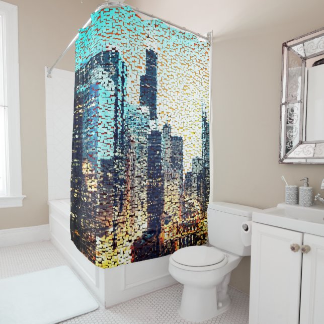 Cortina Para Box Edifícios da cidade azul em mosaico com alivio (In Situ)