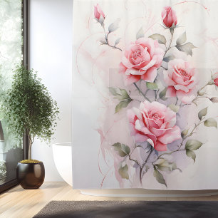 Cortina Para Box Elegância de Videira de Rosa em Aquarela