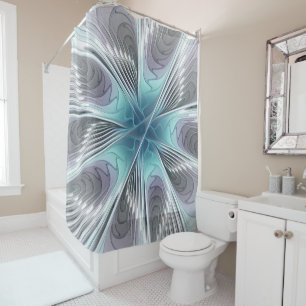 Cortina Para Box Elegância Moderno Azul Cinza Branco Arte Fractal F