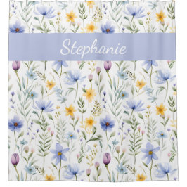 Cortina Para Box Elegant Blue Purple Watercolor Wildflower Name