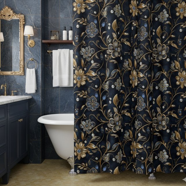 Cortina Para Box Elegant Luxe Midnight Floral (luxe elegant vintage navy gold floral shower curtain with maximalist bejeweled metallic flowers)