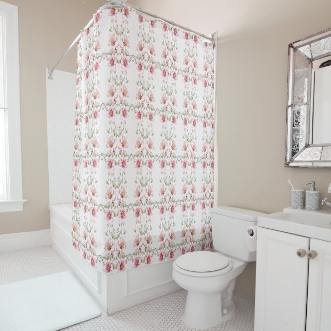 Cortina Para Box Elegant Pink White Floral Shower Curtain (In Situ)