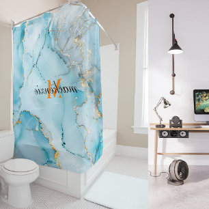 Cortina Para Box Elegante abstrato Marinho Azul Marble Orange Monog