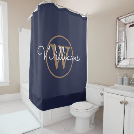 Cortina Para Box Elegante Azul Marinho Dourado Monograma Nome em Sc