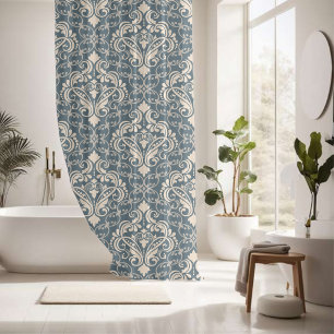 Cortina Para Box Elegante Blue Cream Damask