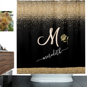 Cortina Para Box Elegante Dourado com Rosa de Nome de Monograma Per