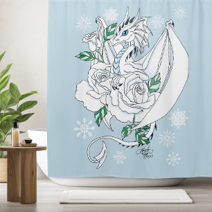 Cortina Para Box Elegante Dragão de Gelo Branco Rosas Azuis Fantasi