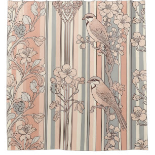 Cortina Para Box Elegante Floral de Listra de Pêssego Pássaro (3)