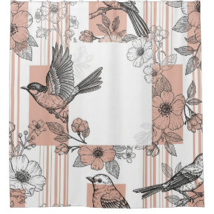 Cortina Para Box Elegante Floral de Listra de Pêssego Pássaro (5)