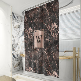 Cortina Para Box Elegante Monograma de Mármore Preto e Dourado Rosa