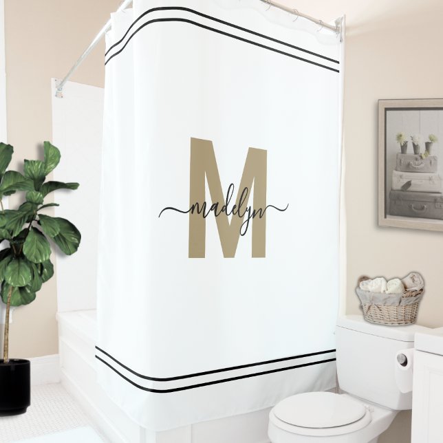 Cortina Para Box Elegante Script Nome Monograma Ouro Branco Feminin (Elegant Script White Gold Monogram Name Feminine Shower Curtain)