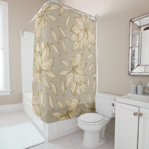Cortina Para Box Elegante Taupe Dourada Glitter Floral Art
