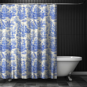 Cortina Para Box Elegante Toile de Jouy Azul Vintage
