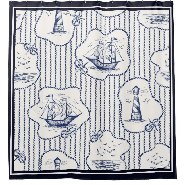 Cortina Para Box Elementos Marinhos Azul Farol Branco Navio (Frente)