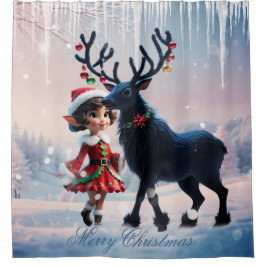 Cortina Para Box Elfo de Natal bonito e renas escuras.
