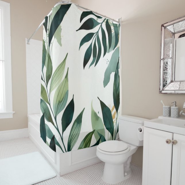 Cortina Para Box Emerald Green & Gold Botanical Shower Curtain (In Situ)