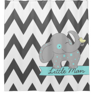 Cortina Para Box Escuro - Chevron cinzento com o elefante azul das