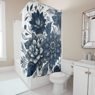 Cortina Para Box Estampa Floral Boêmia Azul e Branco