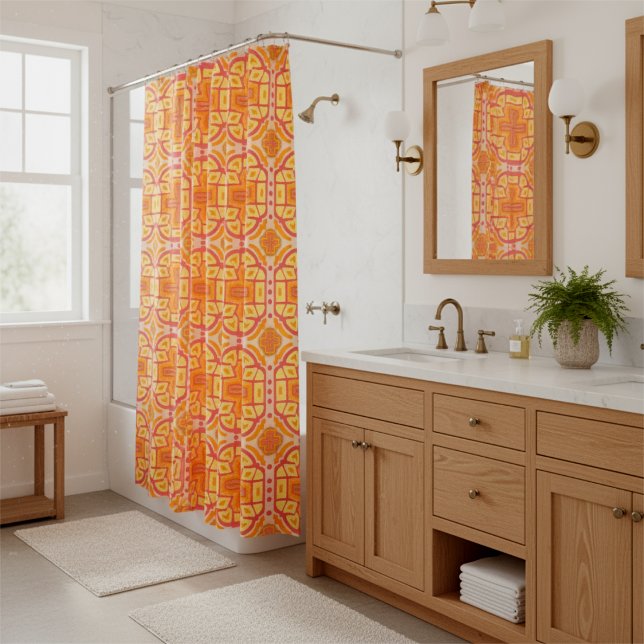 Cortina Para Box Estilo Geométrico Laranja (Bold, bright and colorful. Modern cheerful cross pattern design spruces up your bathroom instantly.)