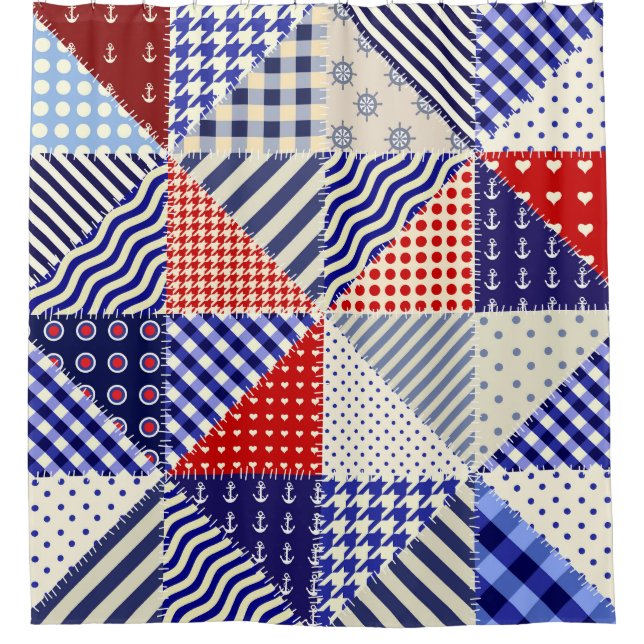 Cortina Para Box Estilo Náutico Triângulo com Patchwork Retroativa (Frente)