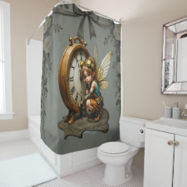 Cortina Para Box Fada Steampunk com Asas de Ouro e Relógio Antiquad