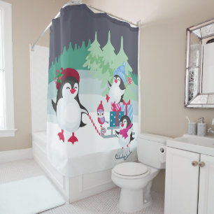 Cortina Para Box Família Pinguim Bonita na Cena de Neve Florestal F