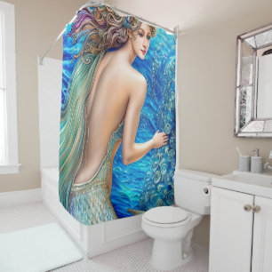 Cortina Para Box Fantasy Blue Smermaid Ocean Waves Art