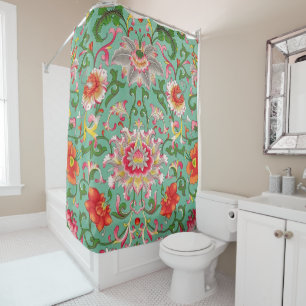 Cortina Para Box Fantasy Floral Oriental Chinoiserie em Verde