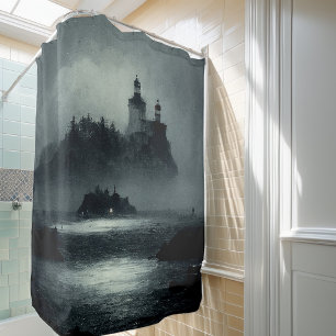 Cortina Para Box Fantasy Island Lighthouse Misty Foggy Dark Night