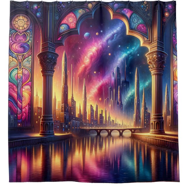 Cortina Para Box "Fantasy Waterscape com Arco de Vidro Apanhado" (Frente)