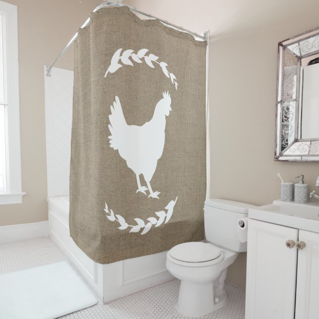 Cortina Para Box Farmhouse Rustic Faux Burlap Laurels White Hen (In Situ)