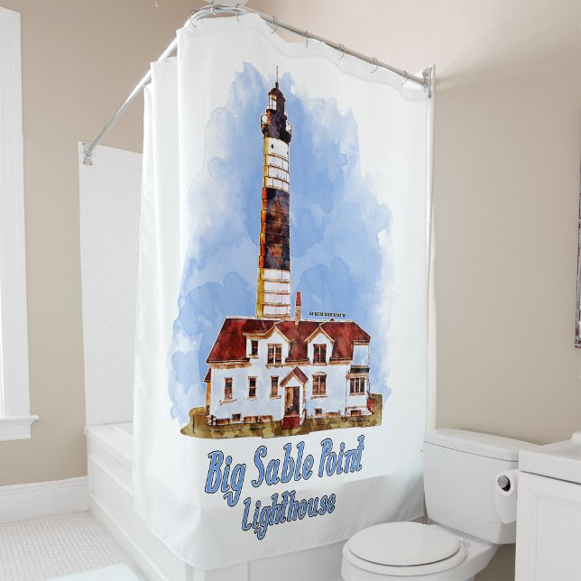 Cortina Para Box Farol de Big Sable Point Aquarela - Michigan (Big Sable Point Lighthouse Watercolor - Michigan. Shower Curtain)