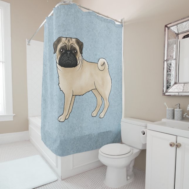 Cortina Para Box Fawn Pug Dog Cute Cartoon Mops Ilustração Azul (In Situ)