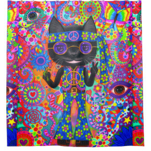 Cortina Para Box Feliz Hippie Gato Óculos de Sol Sinal de Paz Flor