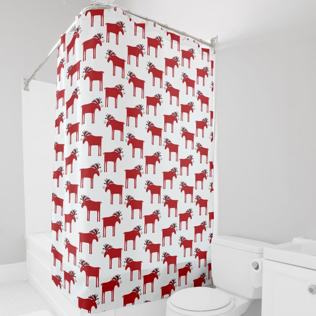 Cortina Para Box Feriado Engraçado, Vermelho e Branco (Fun red and white festive moose or elk with mistletoe pattern shower curtain)