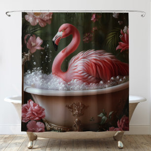 Cortina Para Box Flamingo Banheira Floral Tropical Arte de Banheiro