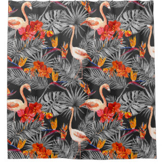 Cortina Para Box Flamingo e flores, padrão monocromático.