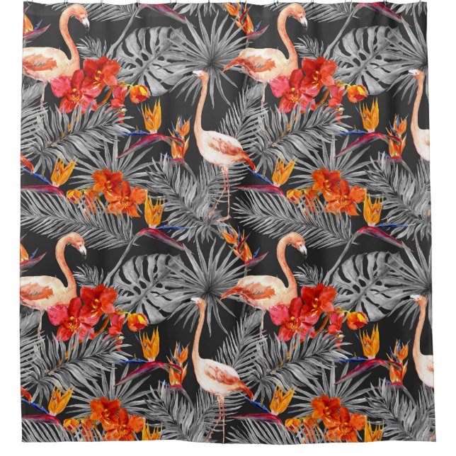 Cortina Para Box Flamingo e flores, padrão monocromático. (Frente)