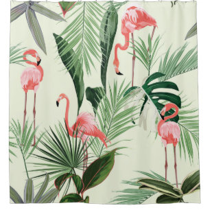 Cortina Para Box Flamingo rosa e flores exóticas, folhas de palma.