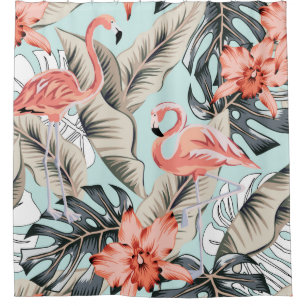Cortina Para Box Flamingo rosa tropical com flores de orquídeas e